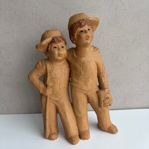 Vintage LB Signed Terracotta Clay Baseball Boys Sculpture Figurine 11 Inch